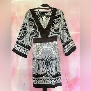 Black white satin kimono blouse babydoll dress